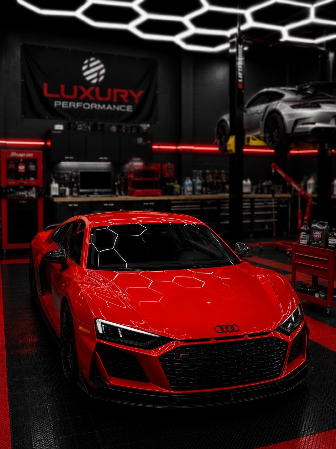Luxury Performance red Audi R8 in shop